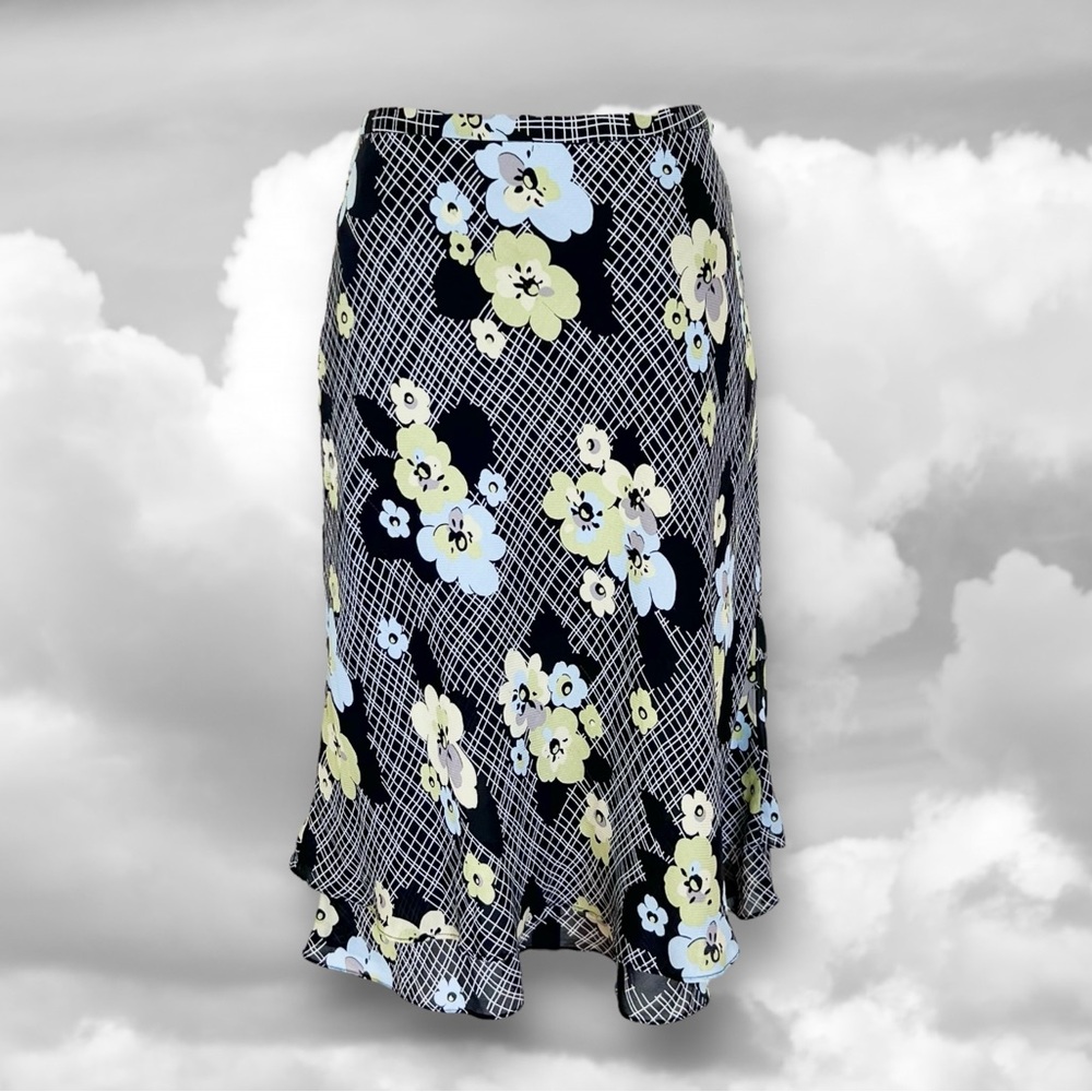 Vintage Y2K Valerie Stevens Black/Blue/Green Pastel Floral Silk Skirt Medium M
